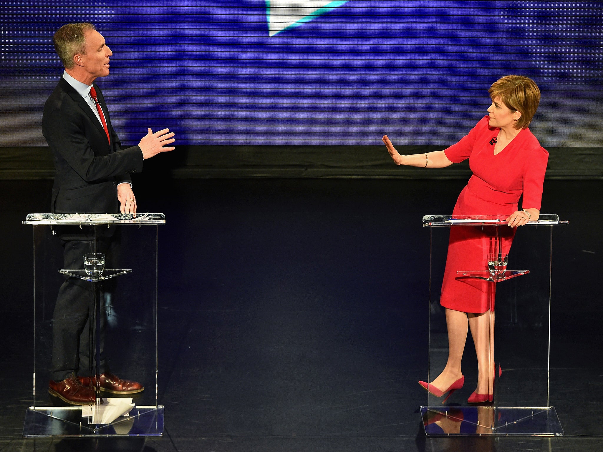 Scottish Labour leader Jim Murphy clashes with First Minister and SNP leader Nicola Sturgeon during the debate in Edinburgh