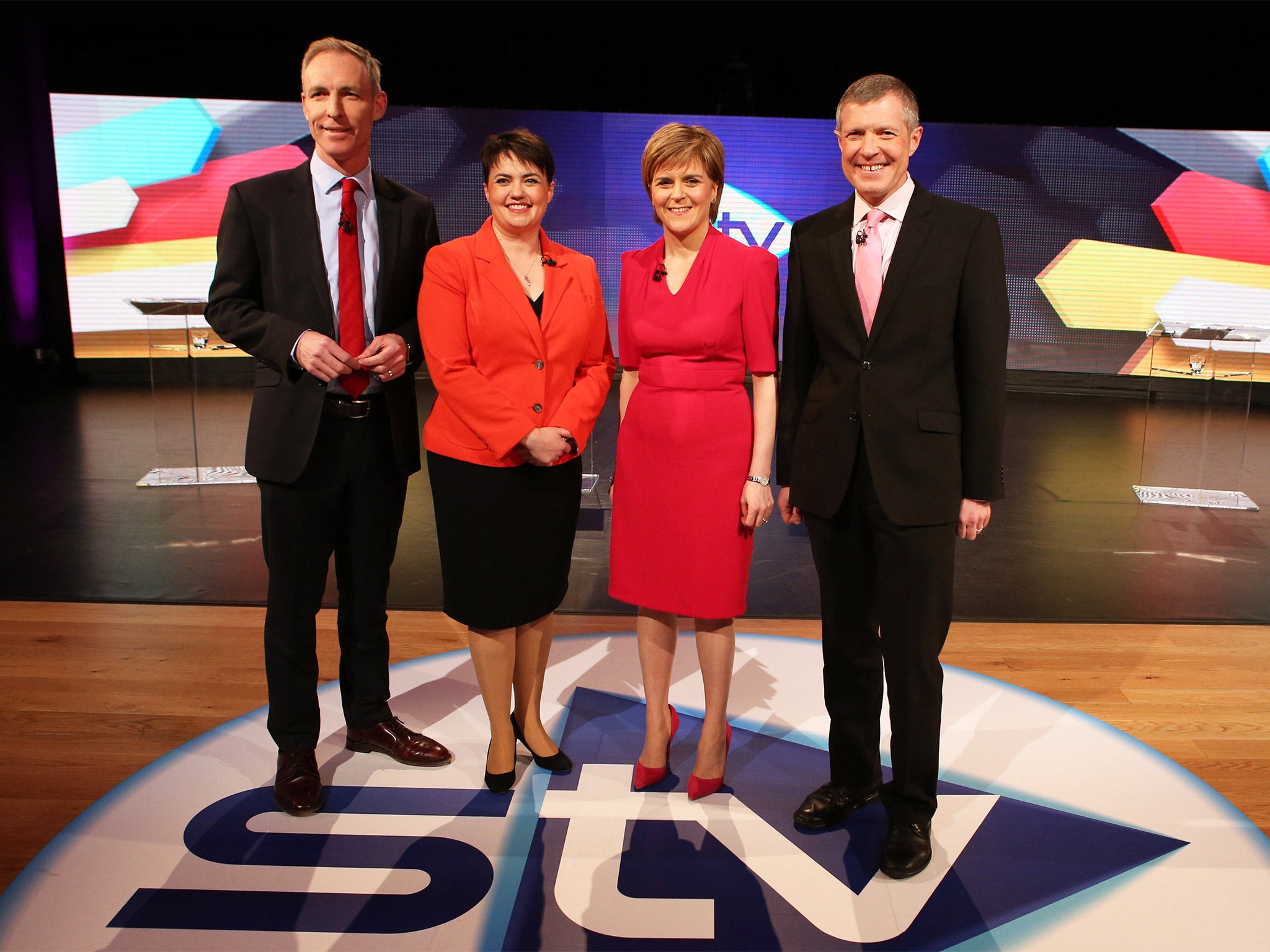 All smiles: Scottish Labour leader Jim Murphy, Scottish Conservative leader Ruth Davidson, First Minister Nicola Sturgeon and Scottish Liberal Democrat leader Willie Rennie before the debate