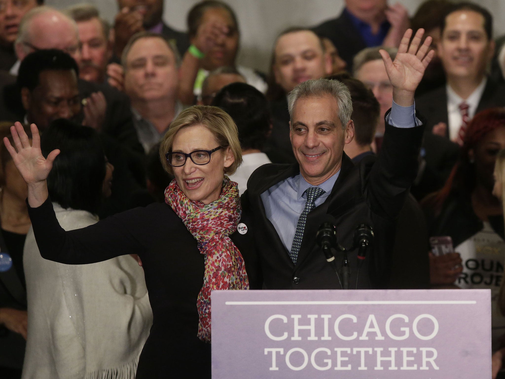 Rahm Emanuel and his wife Amy Rule celebrate winning his second term as Chicago mayor