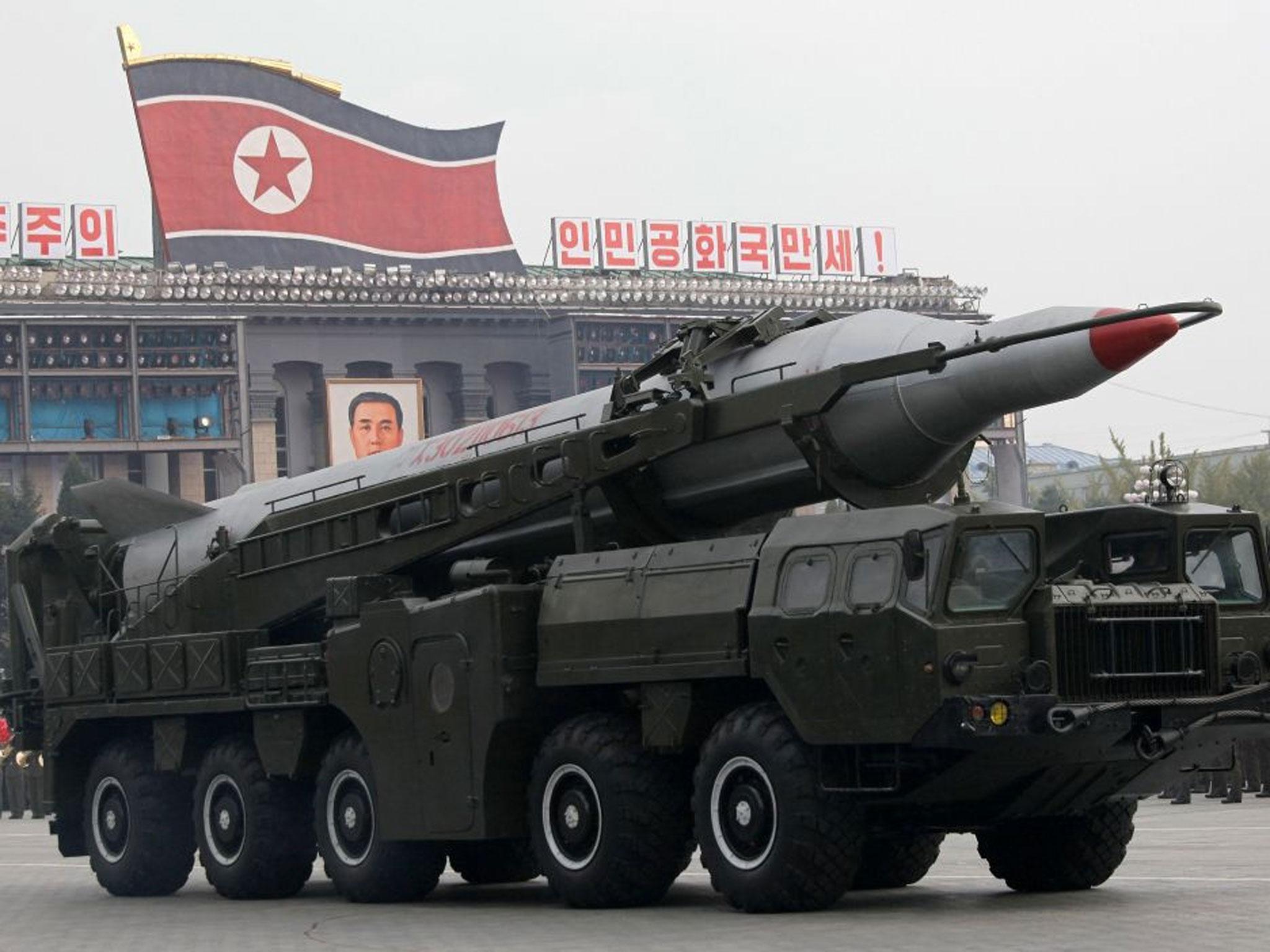North Korea missiles on trucks make its way during a massive military parade to mark the 65th anniversary of the communist nation's ruling Workers' Party in Pyongyang, North Korea. Nuclear-armed North Korea has hundreds of ballistic missiles that can targ