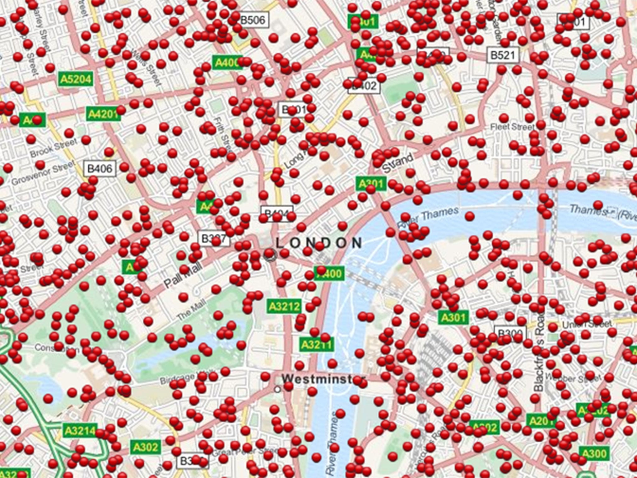 A map showing the locations of bombings in central London during the Blitz.