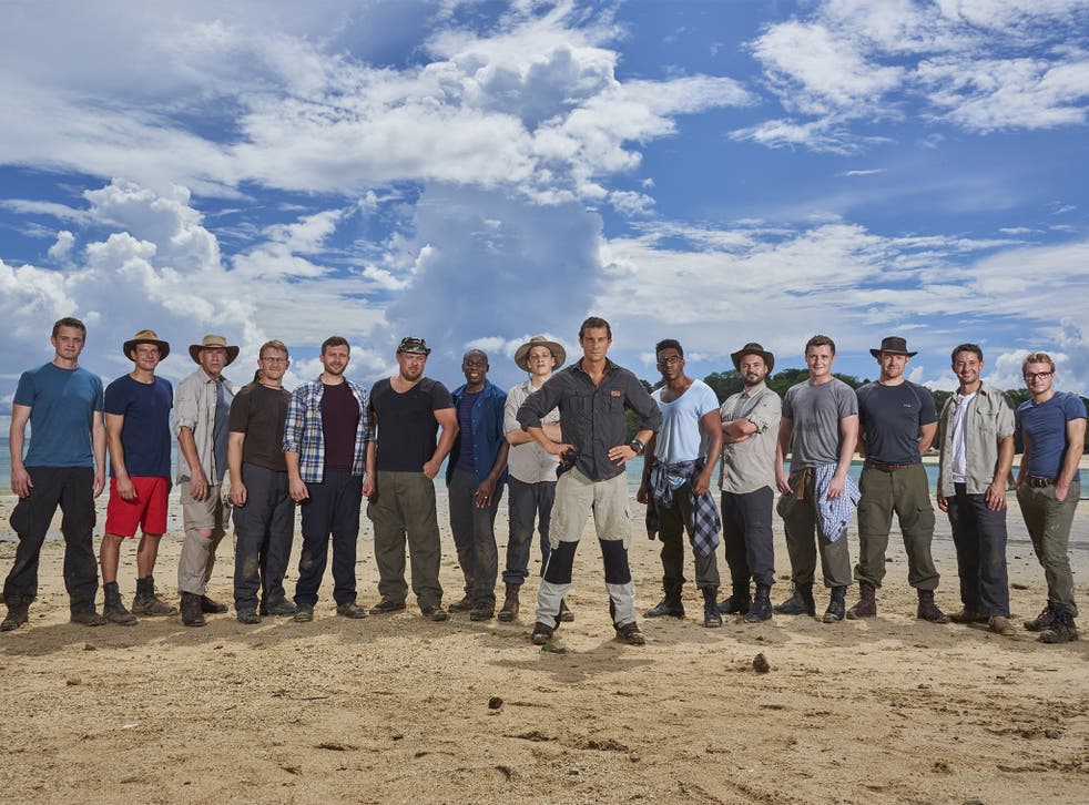Paradise lost: Bear Grylls, centre, and the male team on their Pacific island