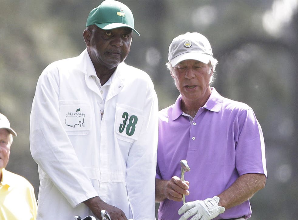 Carl Jackson with Ben Crenshaw on the first hole during Wednesday's Par 3 contest