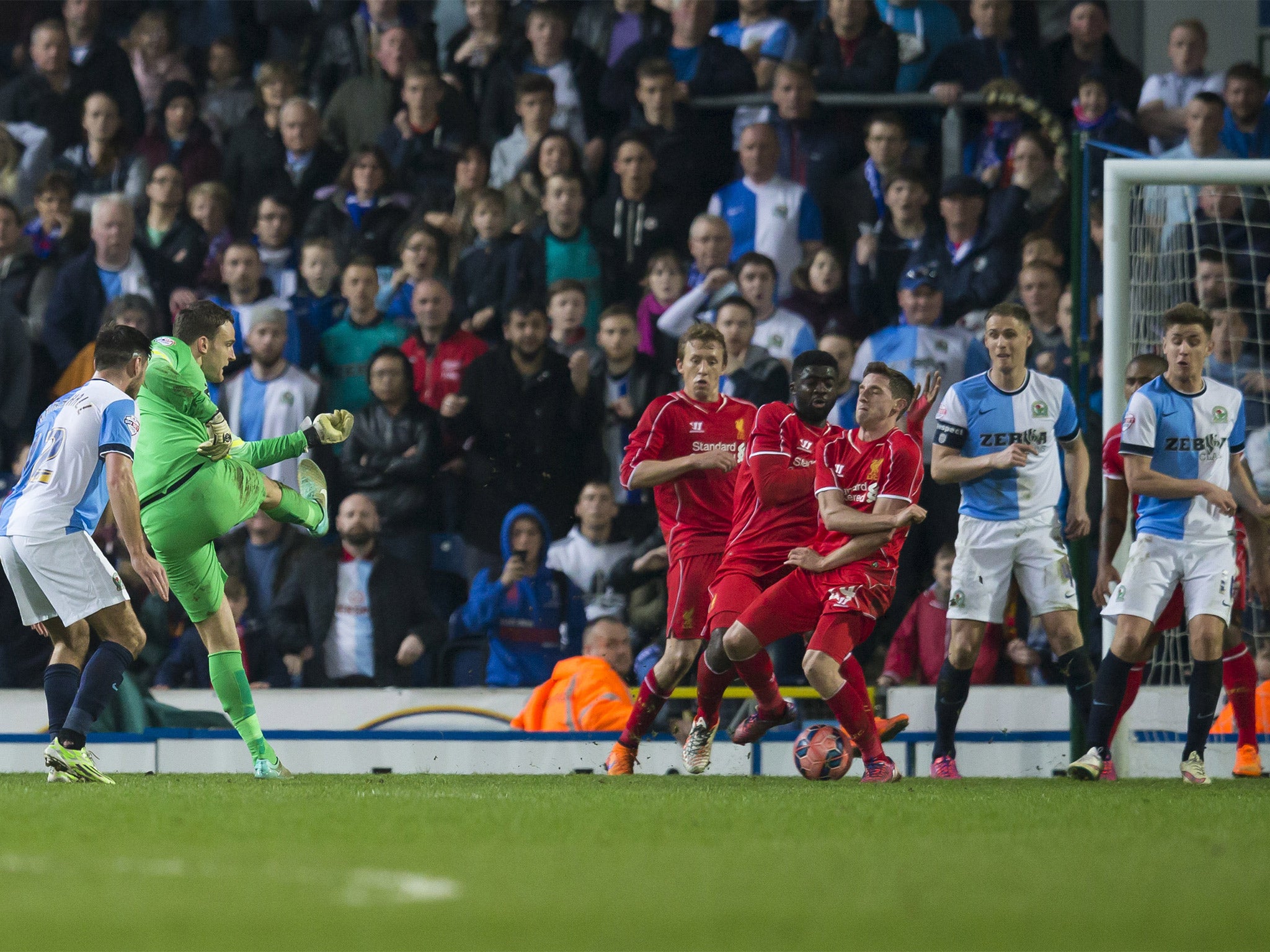 Blackburn's goalkeeper Simon Eastwood narrowly fails to score in the game's closing seconds (AP)