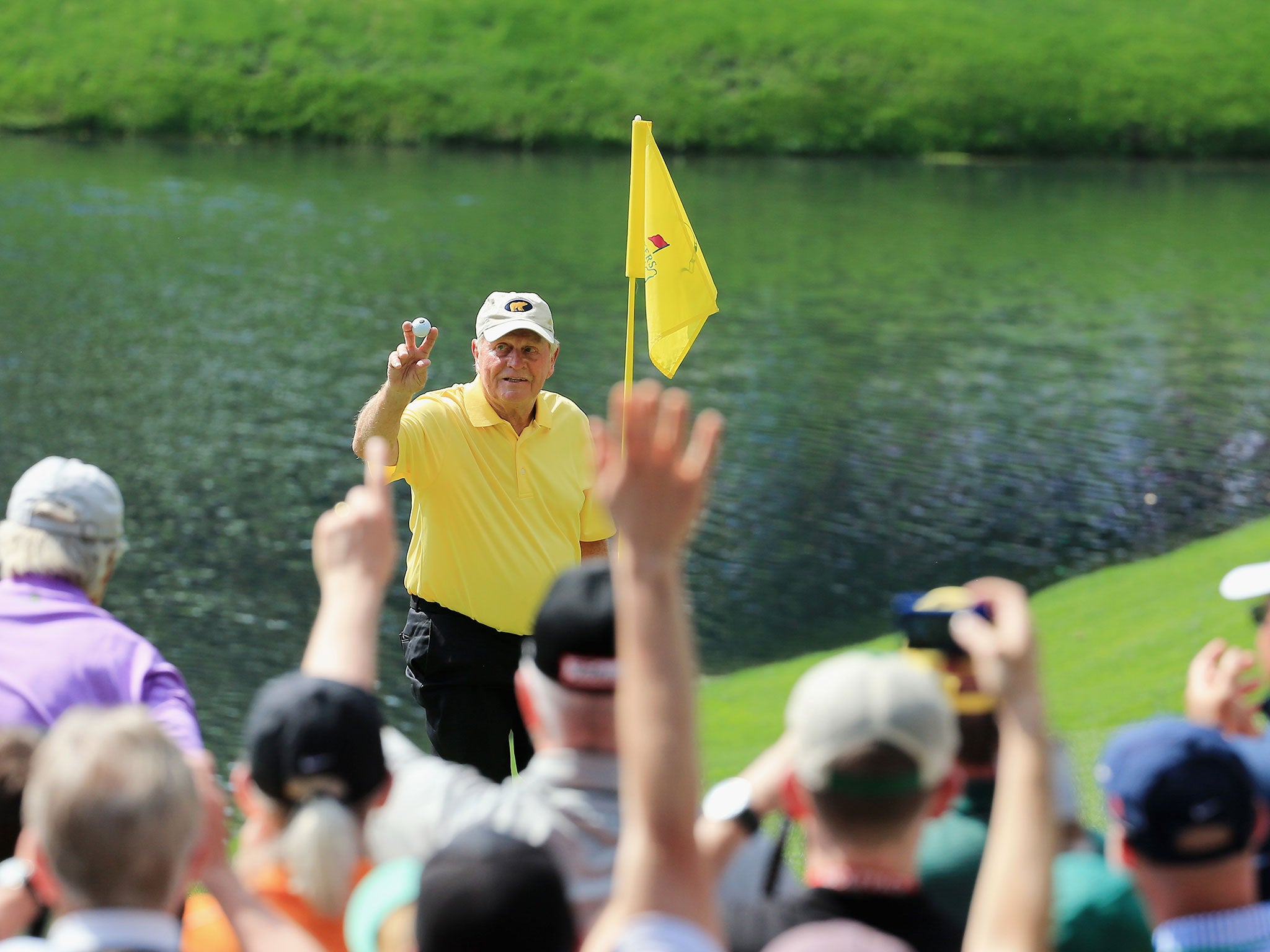 Jack Nicklaus celebrates his hole-in-one on the fourth