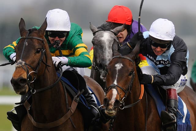 Shutthefrontdoor (left) is favourite for the Grand National