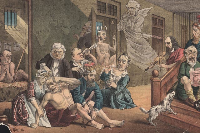 You must be mad: a plate depicting Bedlam, from A Rake's Progress, by William Hogarth