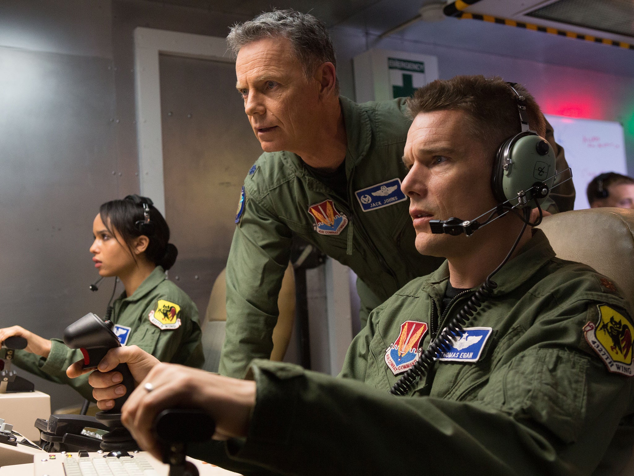 Game face: Zoë Kravitz, Bruce Greenwood and Ethan Hawke in ‘Good Kill’
