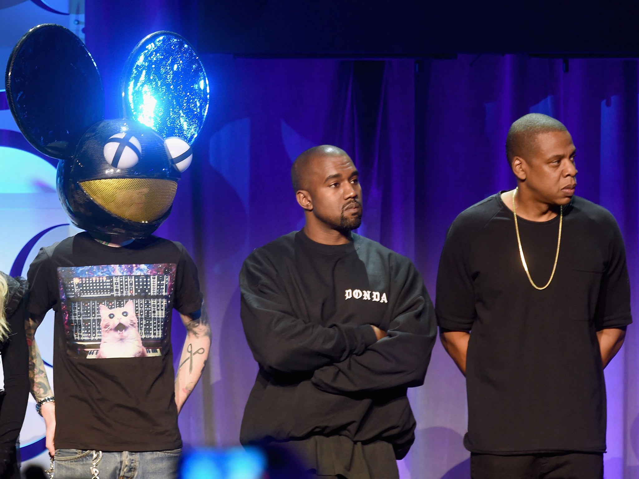Deadmau5 (far left), whose formerly independent distributor was bought by a major, and Kanye West (centre) who has spoken out against his own contract with Universal
