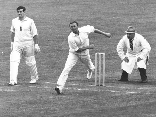 Benaud bowling during the 1961 match between England and Australia at Edgbaston