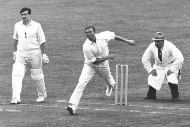 Benaud bowling during the 1961 match between England and Australia at Edgbaston