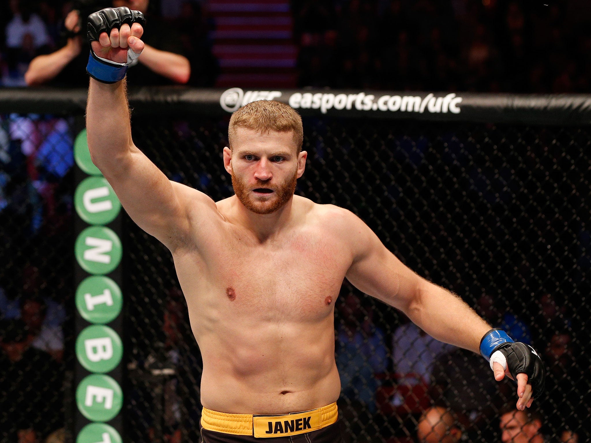 Jan Blachowicz of Poland celebrates after his TKO victory over Ilir Latifi (JOSH HEDGES / ZUFFA / LLC)