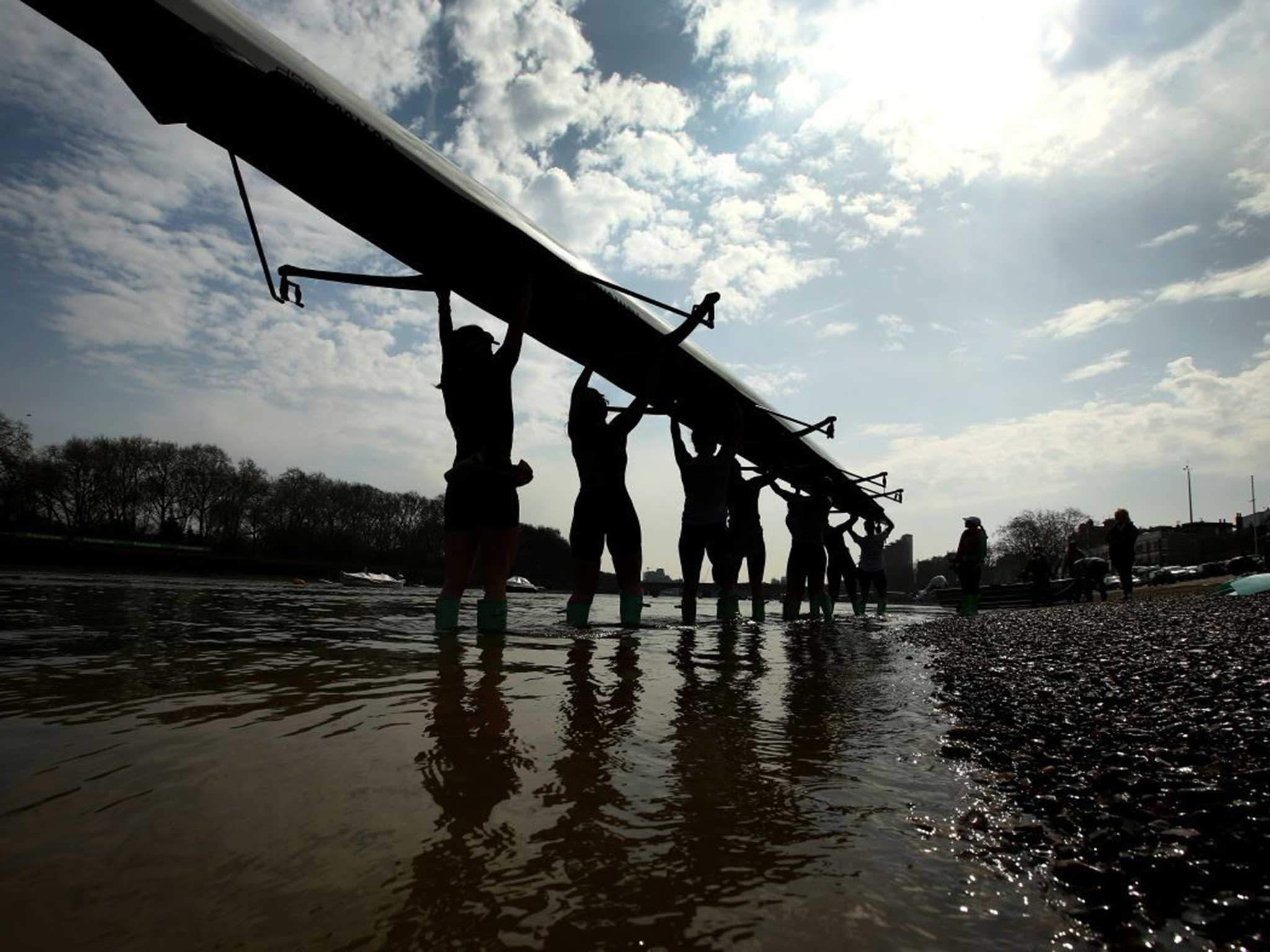 The Cambridge women’s crew after a training session preparing for today’s Boat Race