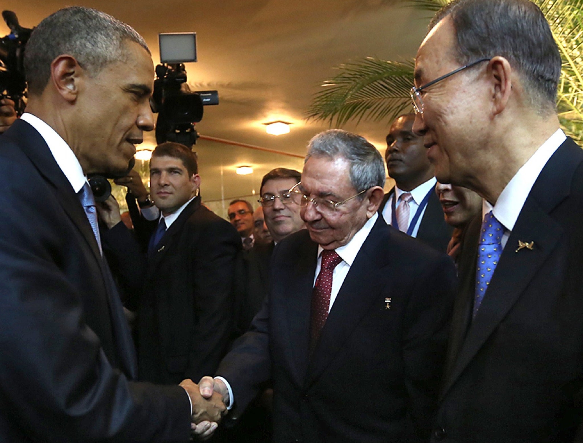 Raul Castro and Barack Obama shake hands at the Summit of the Americas
