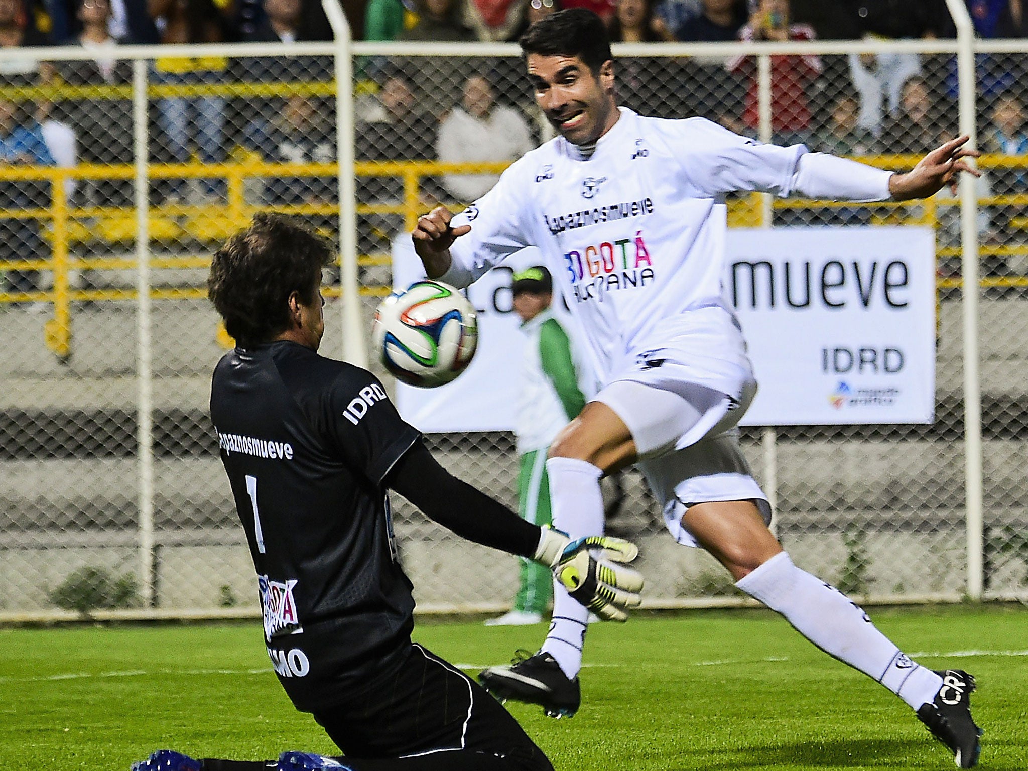 Former Aston Villa forward Juan Pablo Angel goes close in Colombia's 'Game For Peace'