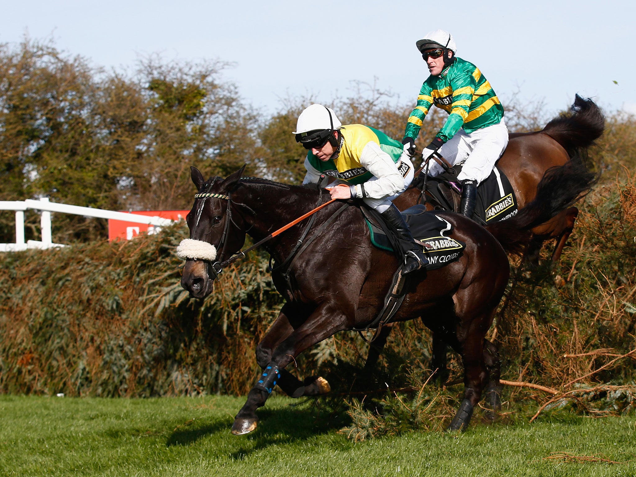 Many Clouds leads Shutthefrontdoor on the way to Grand National glory