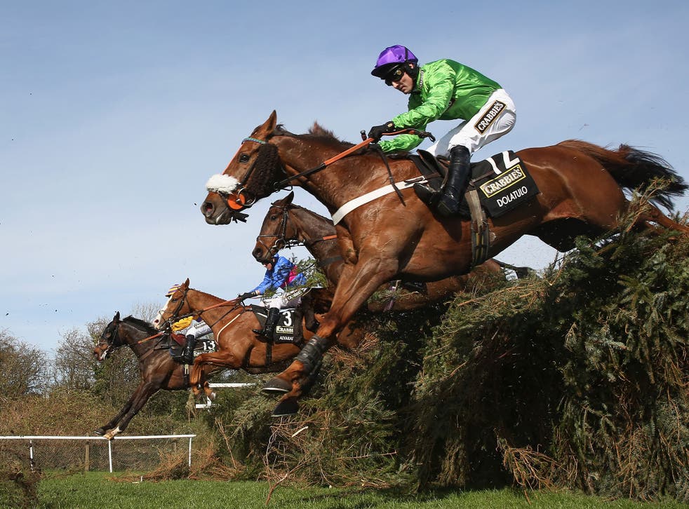 Dolatulo jumps over a fence during the Grand National
