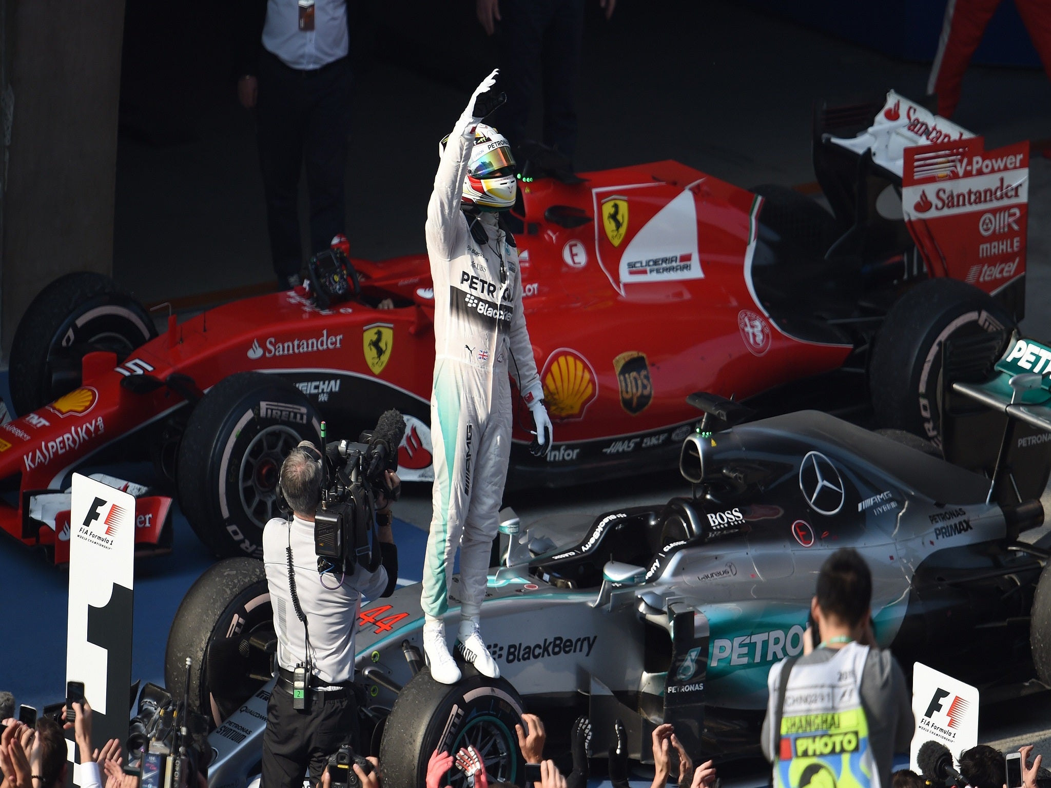 Lewis Hamilton celebrates winning the Chinese Grand Prix