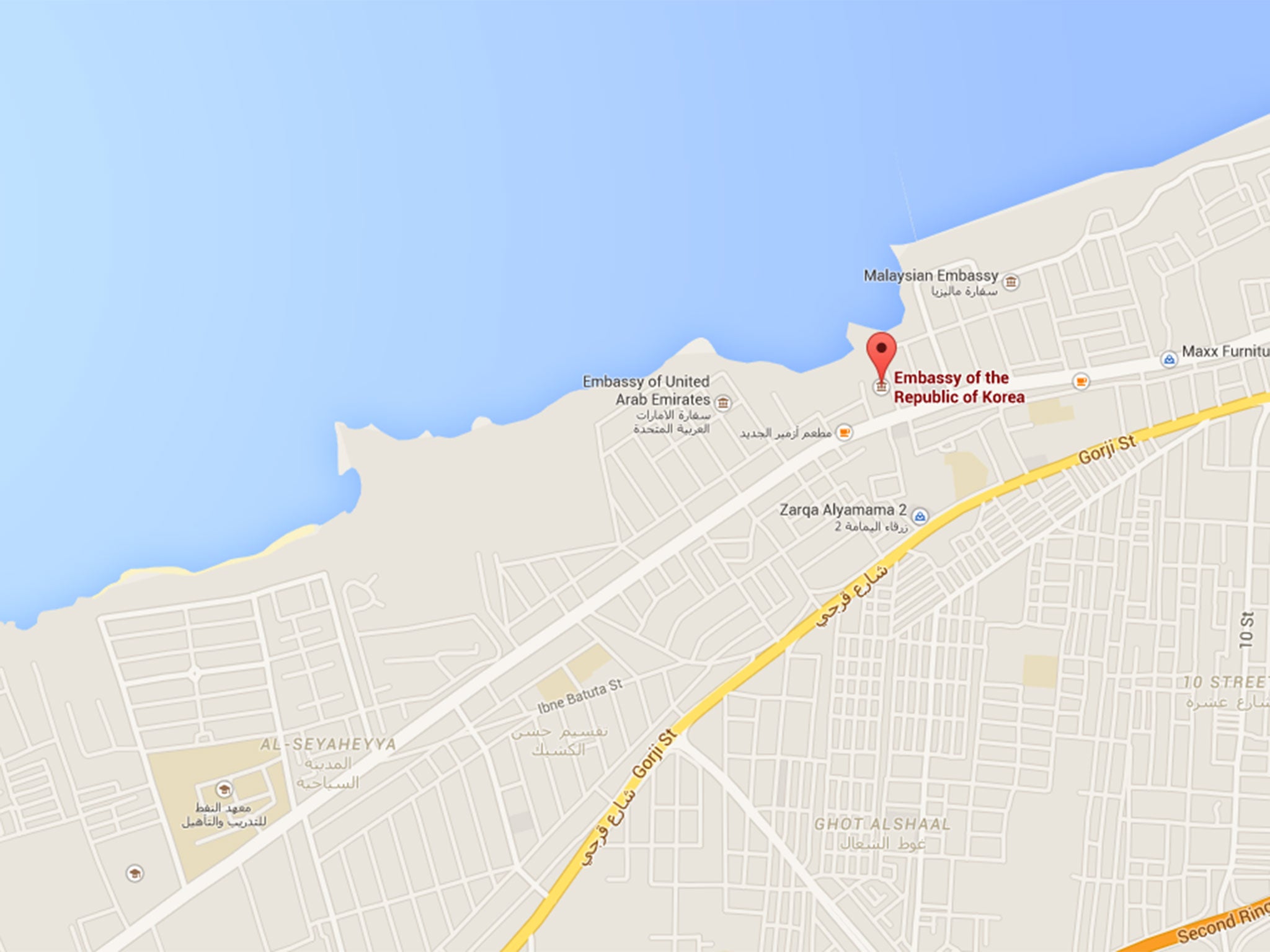 The Korean embassy in Tripoli is located on the coast near the Malaysian and UAE embassies