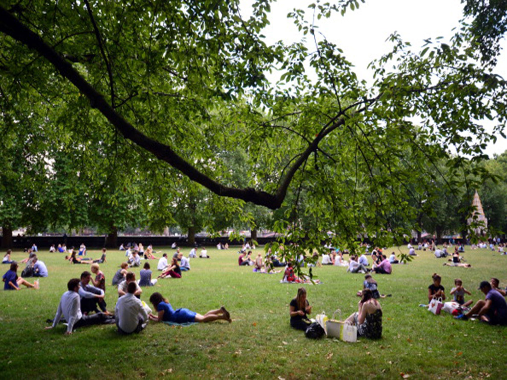 People sit in a park during hot weather in central London