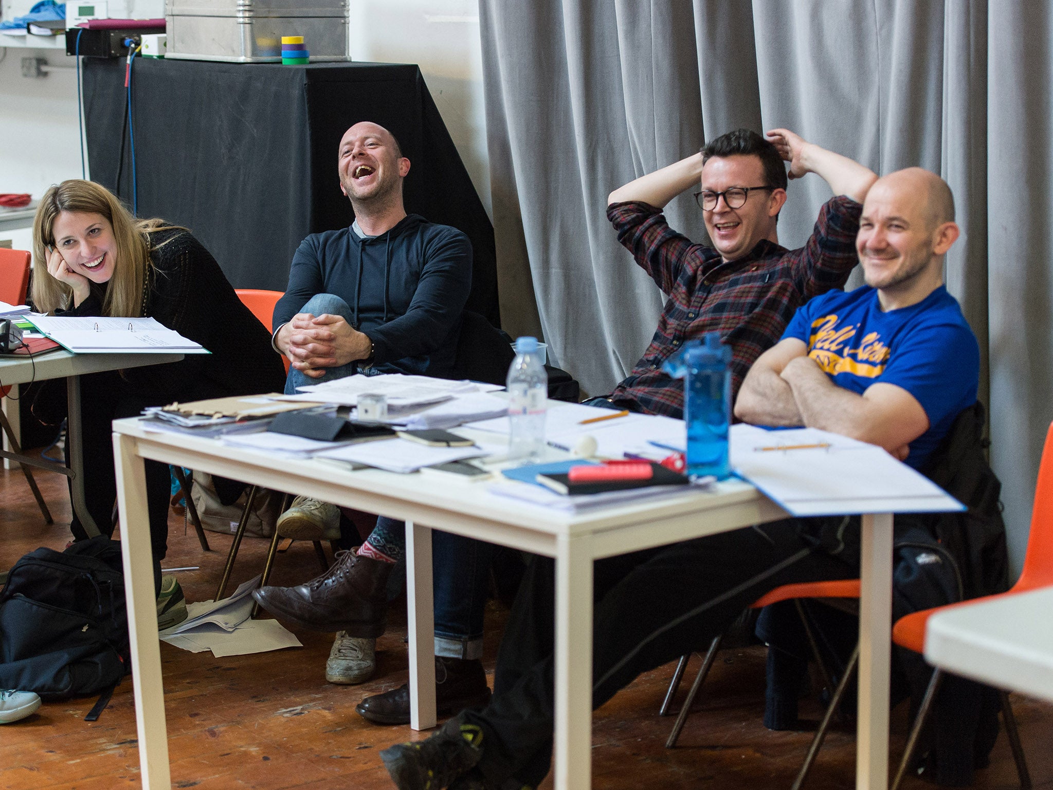 Katy Rudd (associate director), John Tiffany (director), Enda Walsh (writer) and Steven Hoggett (associate director/movement) at a Twits’ rehearsal