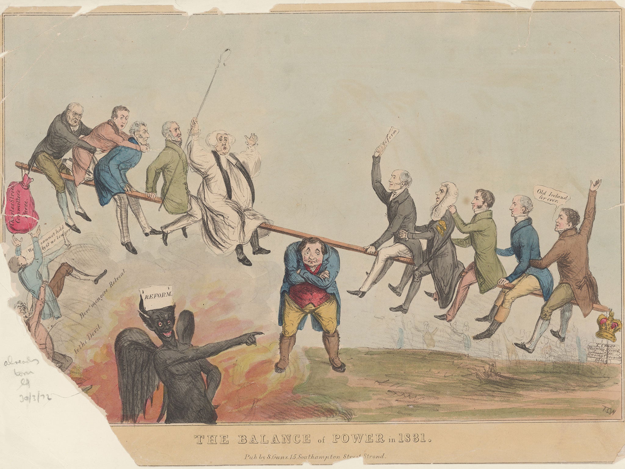 A cartoon depicts the the Reform Act of 1831. John Bull supports a political see-saw with the Whigs on the right, and the Tories on the left