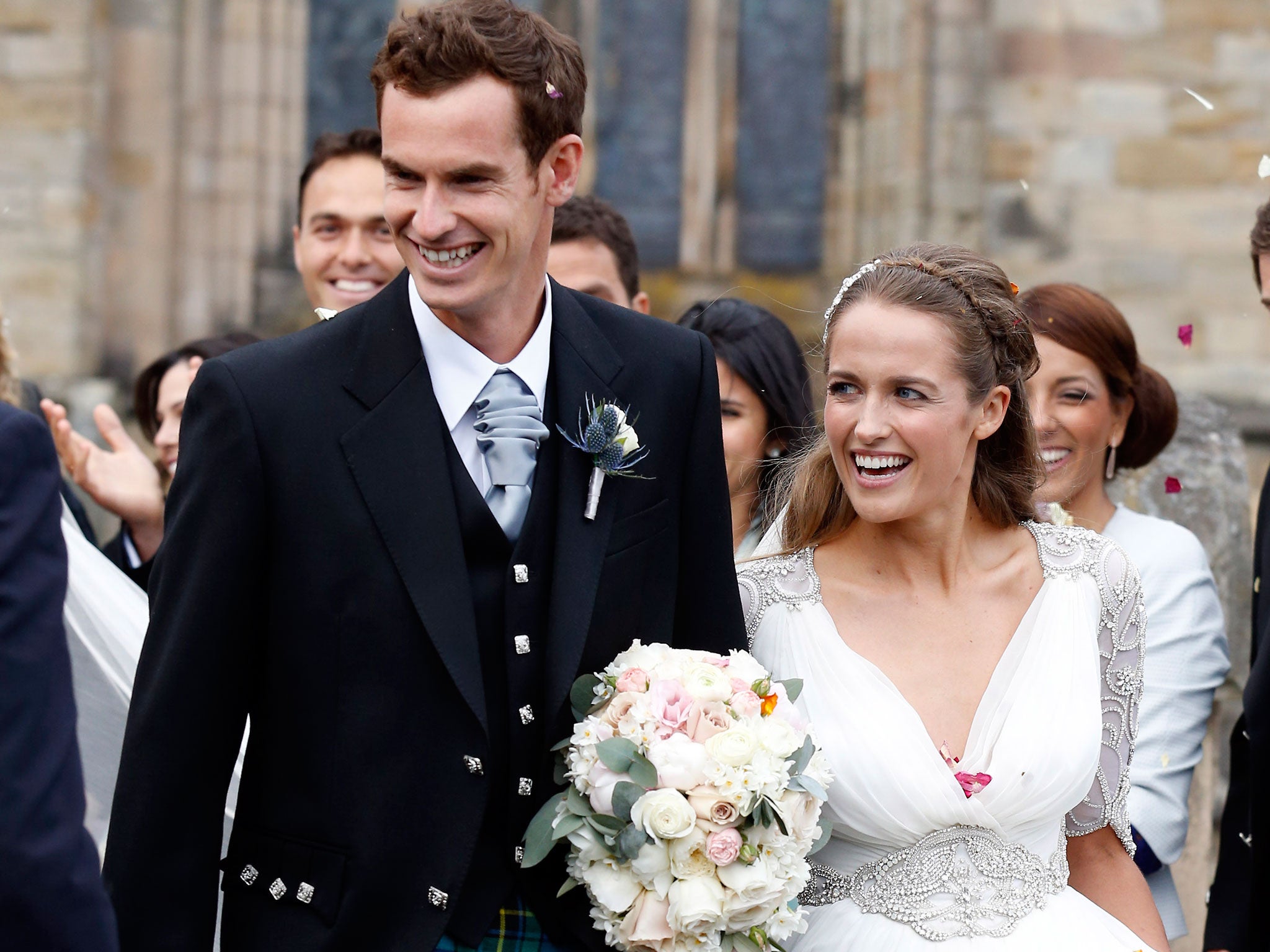 Andy Murray and Kim Sears leave Dunblane Cathedral after their wedding in Dunblane, Scotland