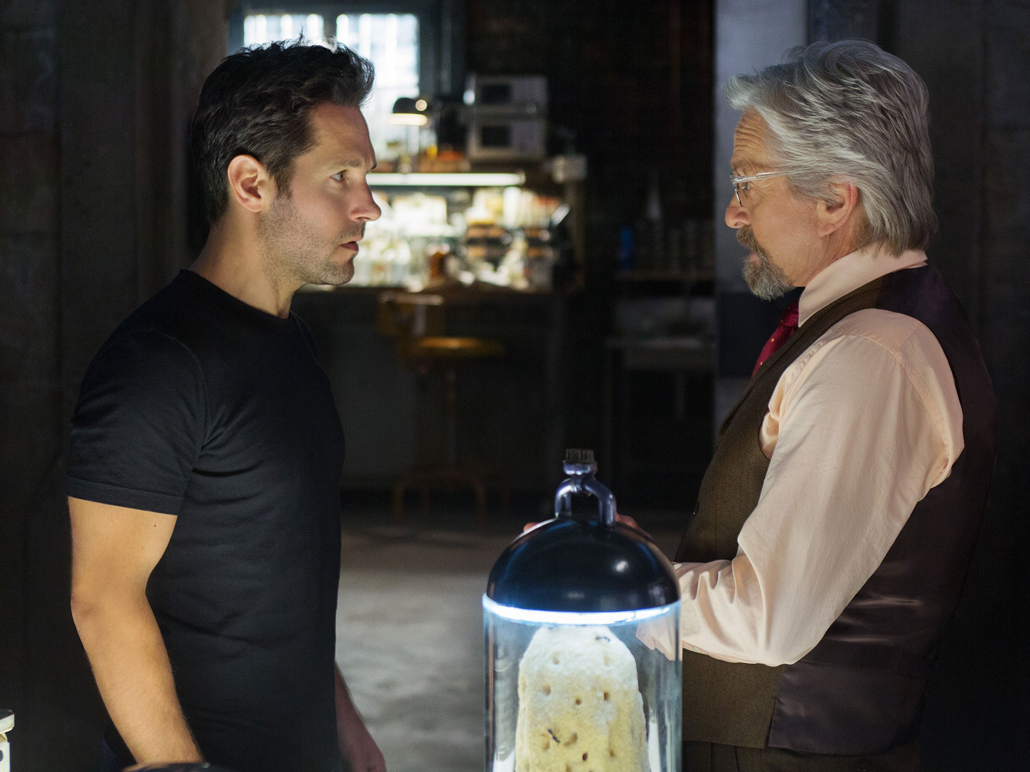 Paul Rudd and Michael Douglas as Scott Lang and Dr Hank Pym in Ant-Man
