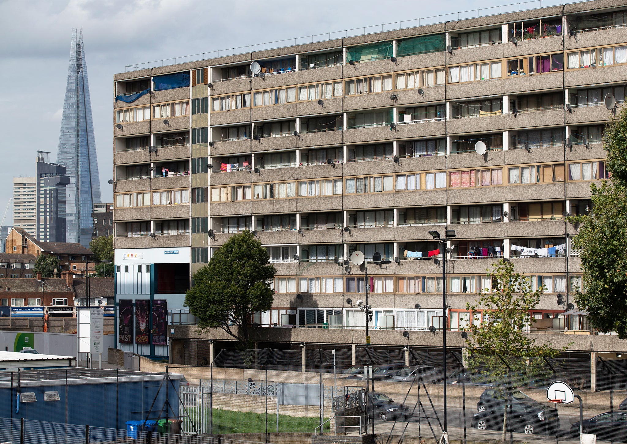 A residential tower block in an area of Southwark with a high concentration of social housing