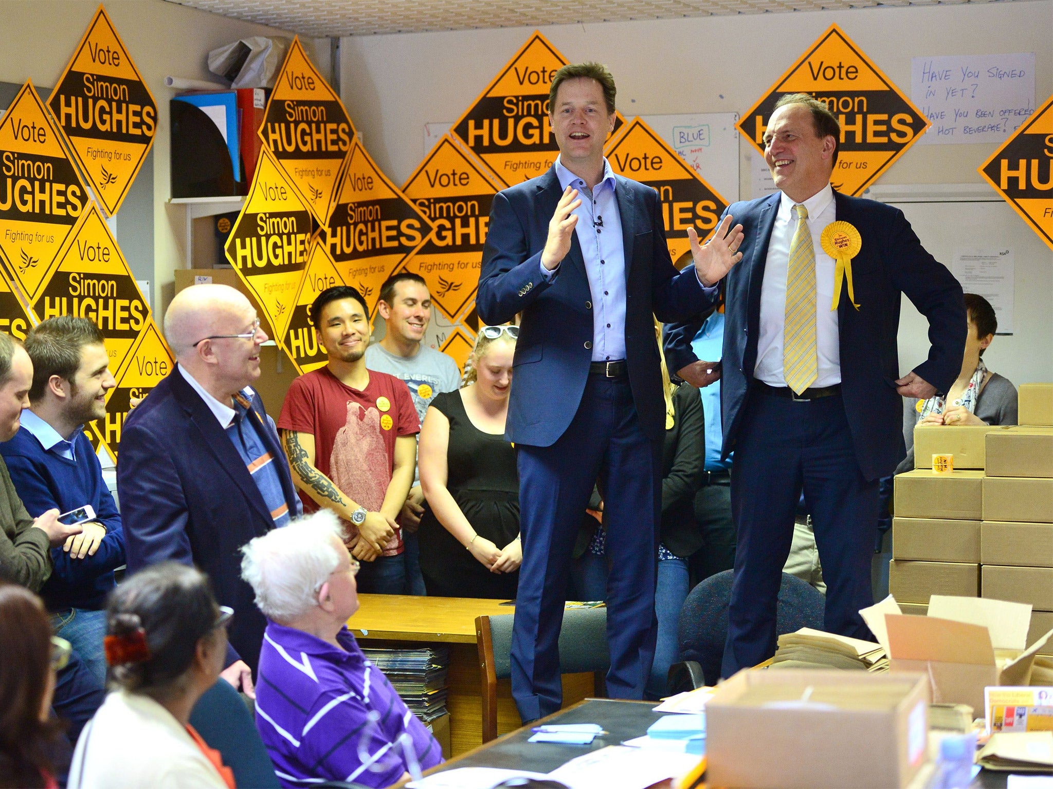 Nick Clegg speaks to Lib Dem activists at the office of the party's parliamentary candidate for Southwark and Old Bermondsey, Simon Hughes, on Tuesday (Getty)