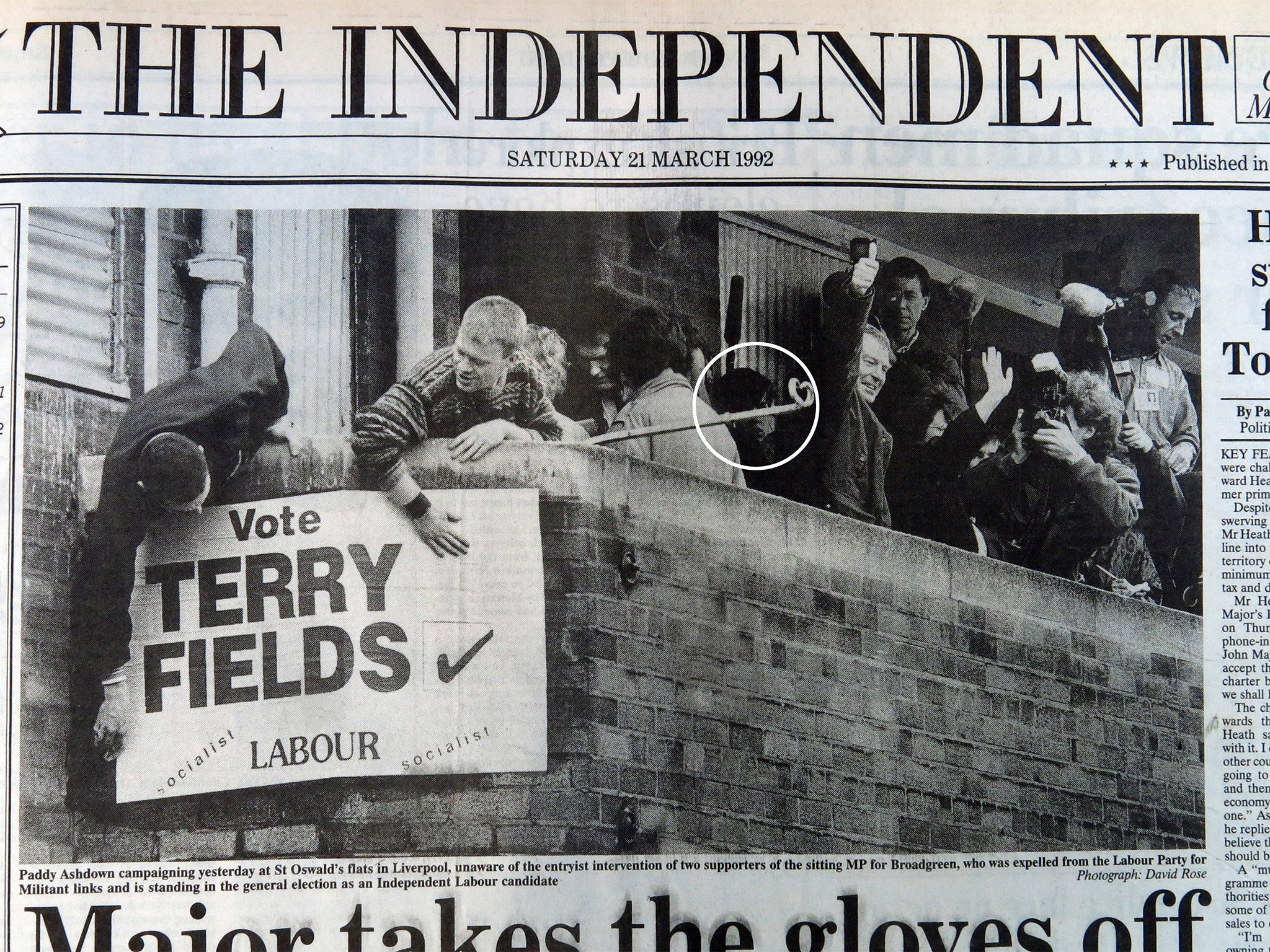 I’ve got your back, Paddy: Oliver Wright (circled) on the campaign trail with the Liberal Democrat leader in March 1992