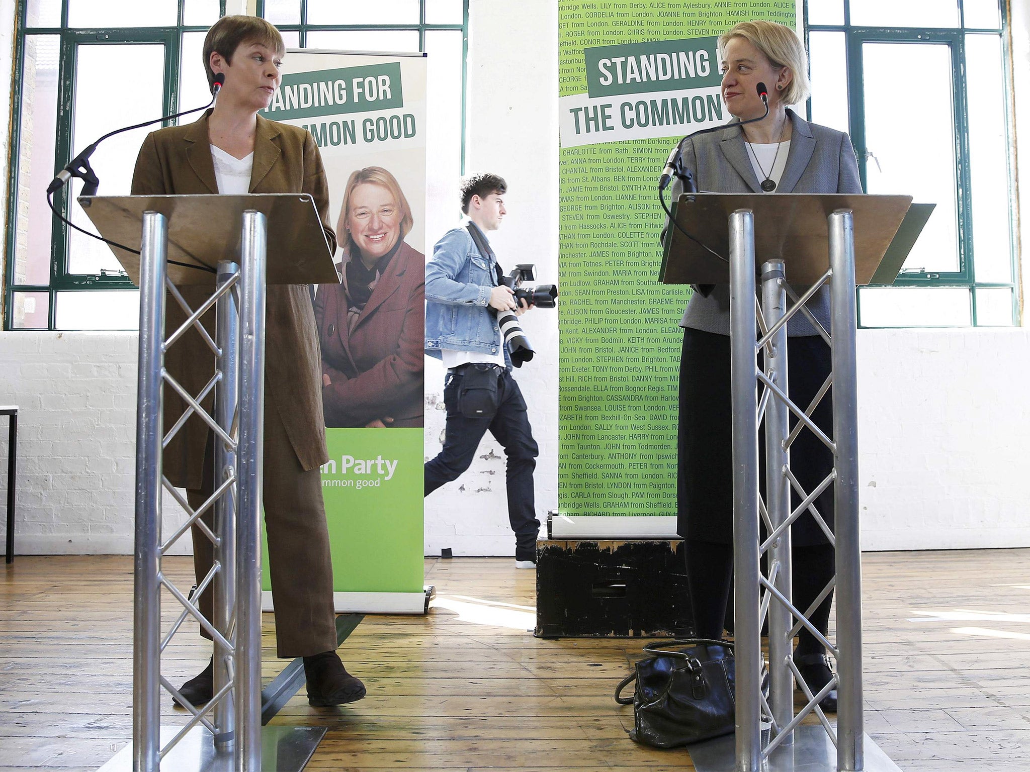 Natalie Bennett, right, and Caroline Lucas launch the Green Party manifesto at London’s Arcola Theatre on Tuesday