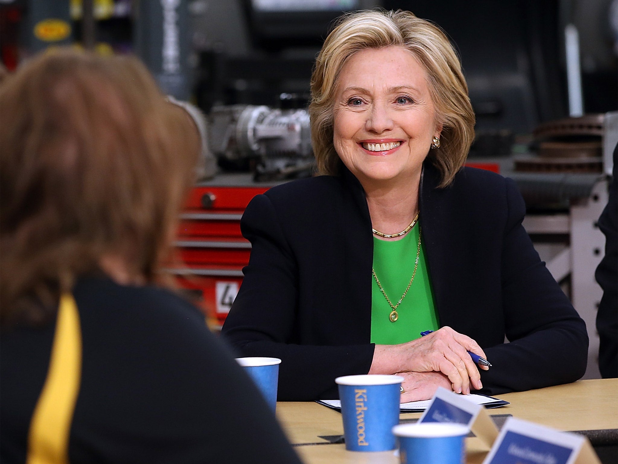 Hillary Clinton talks to students at Kirkwood Community College in Monticello, Iowa