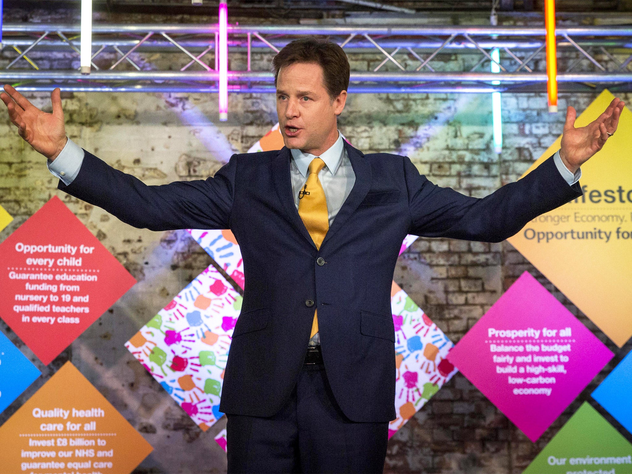 Liberal Democrat leader Nick Clegg launches the party’s manifesto in Battersea, London, on Wednesday