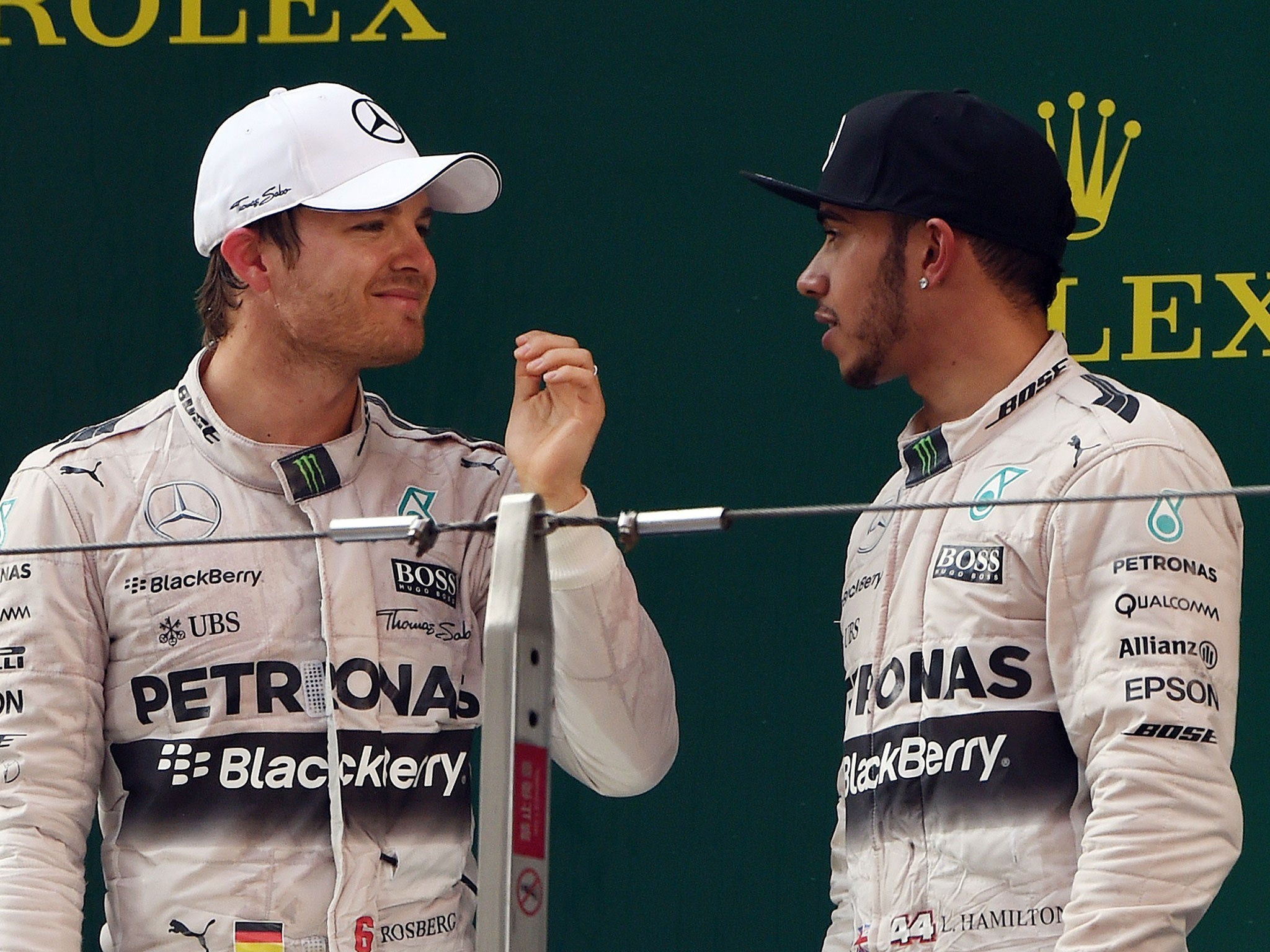 Nico Rosberg and Lewis Hamilton on the podium at the Chinese Grand Prix