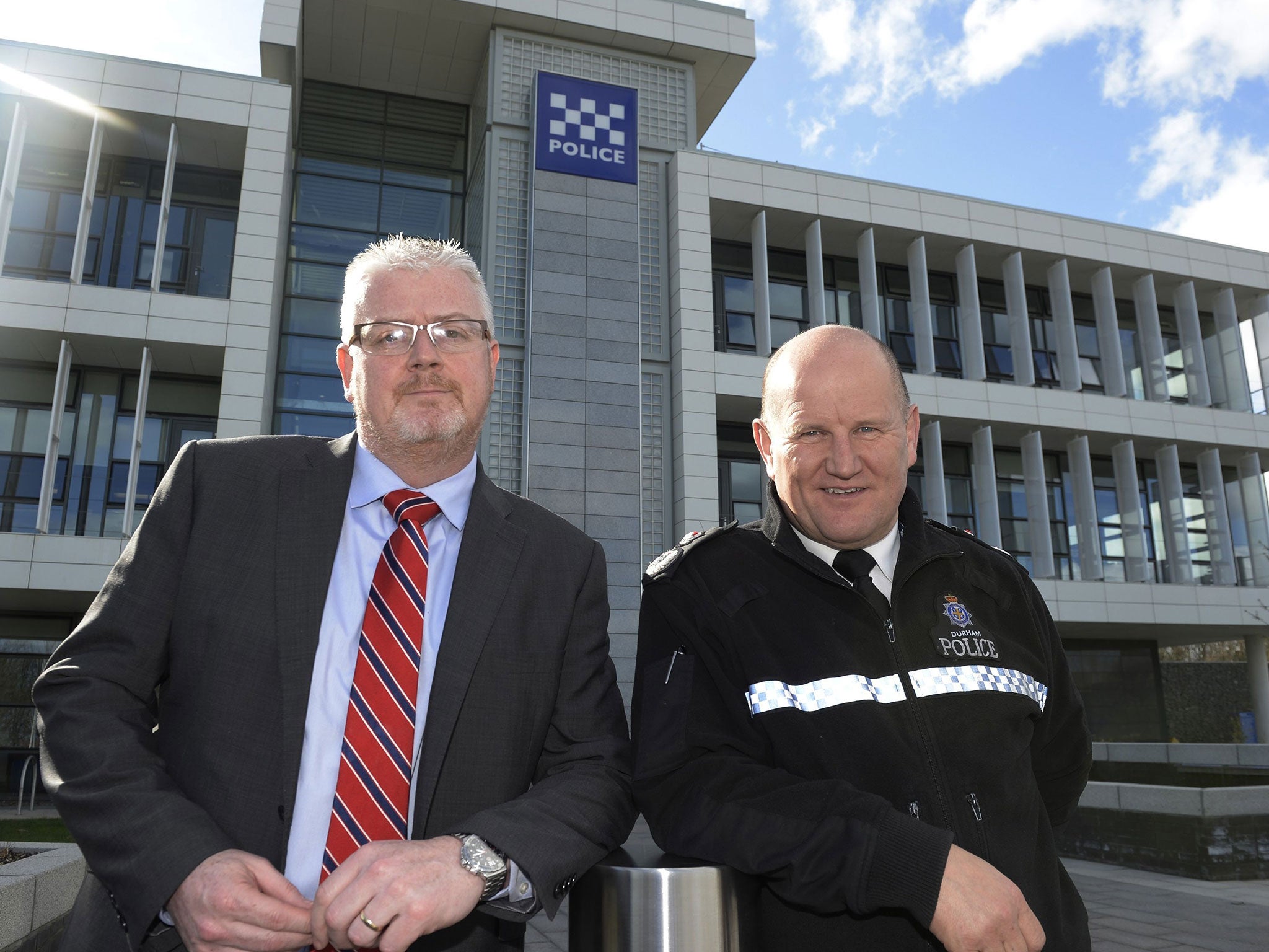 Mike Barton (right) the chief constable of Durham Police, speaking with Dr Joe Sullivan