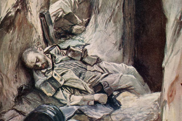 Grimm tales: An illustration showing dead German soldiers in a trench, 1916