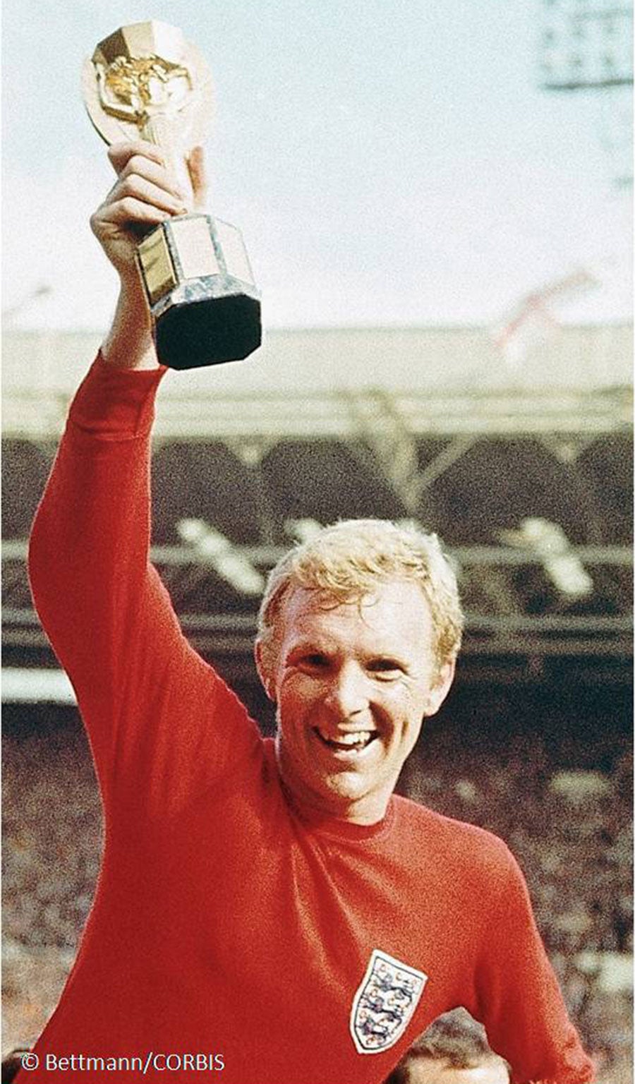 Bobby Moore holds the World Cup trophy aloft in 1966