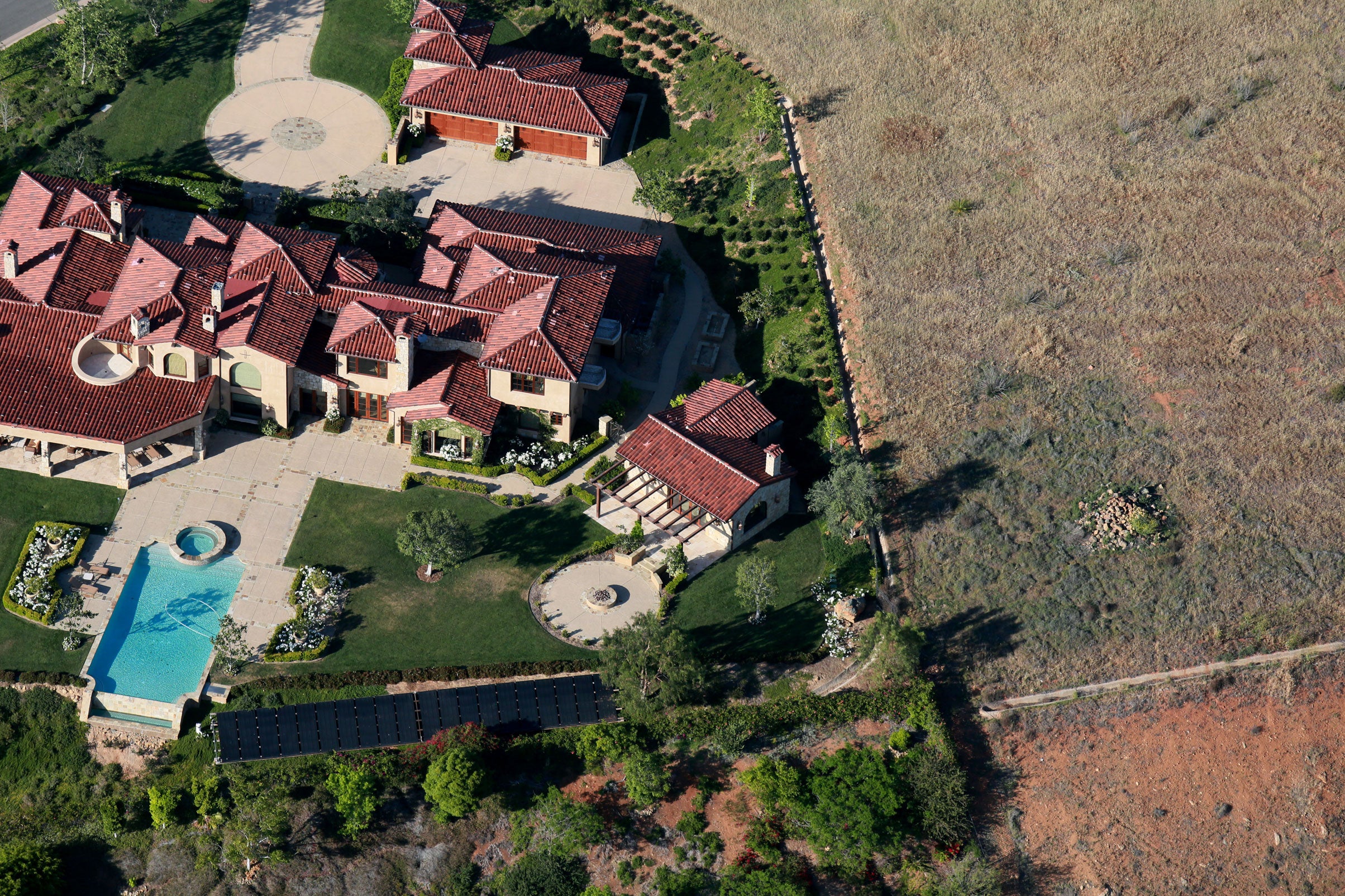 Aerial view overlooking landscaping Rancho Santa Fe, California.