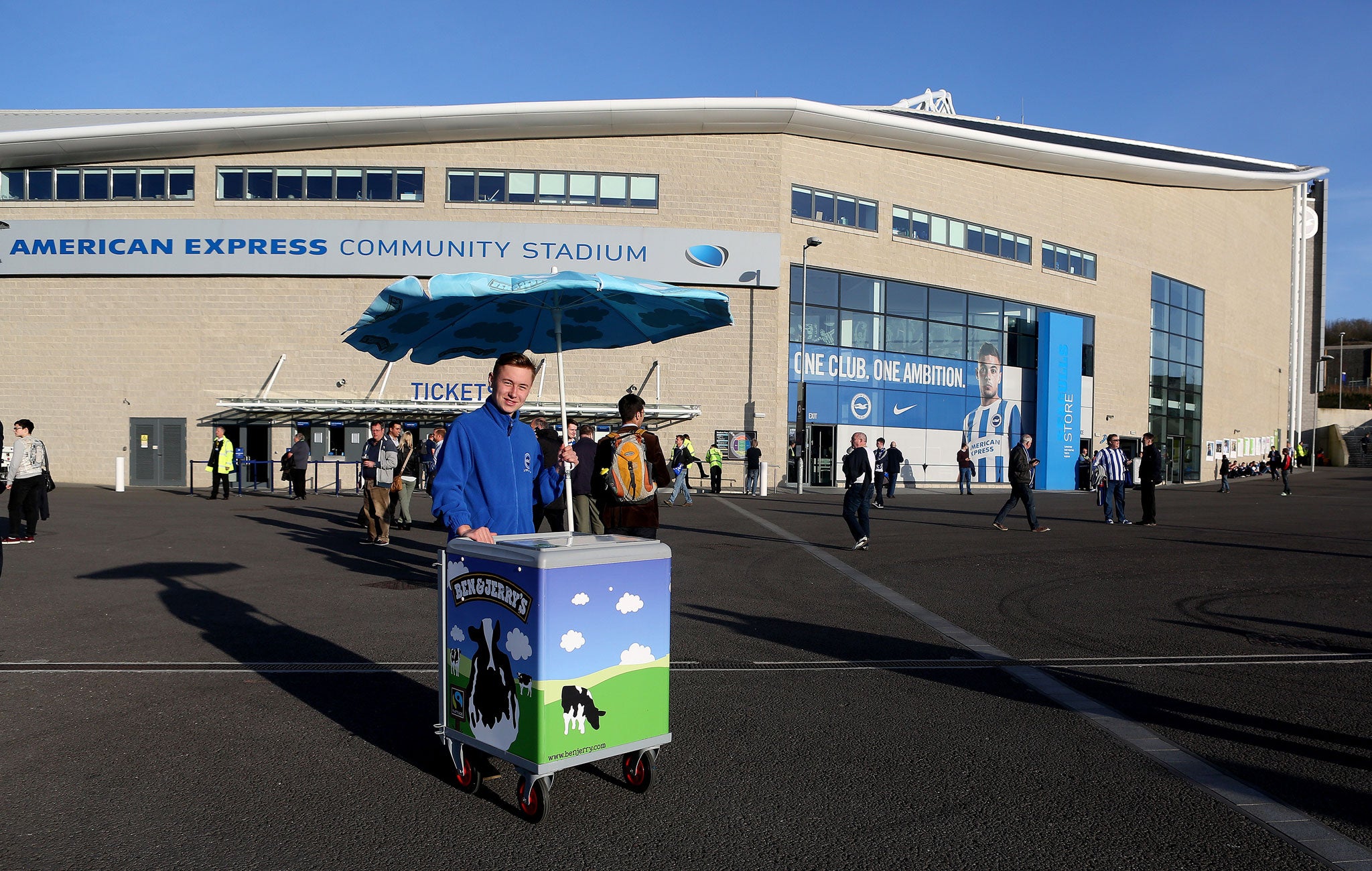 Ice creams for sale outside the ground during the Championship match between Brighton & Hove Albion and Huddersfield Town at The Amex Stadium on 14 April 2015 in Brighton.