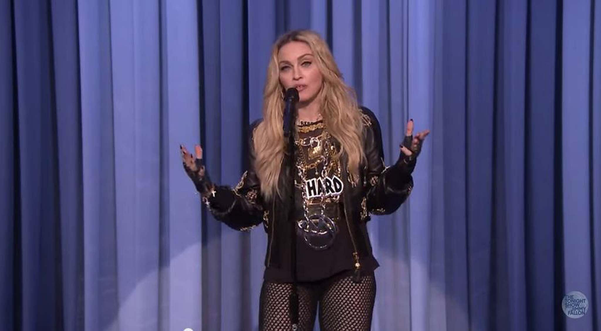 Madonna performing stand-up on The Tonight Show with Jimmy Fallon