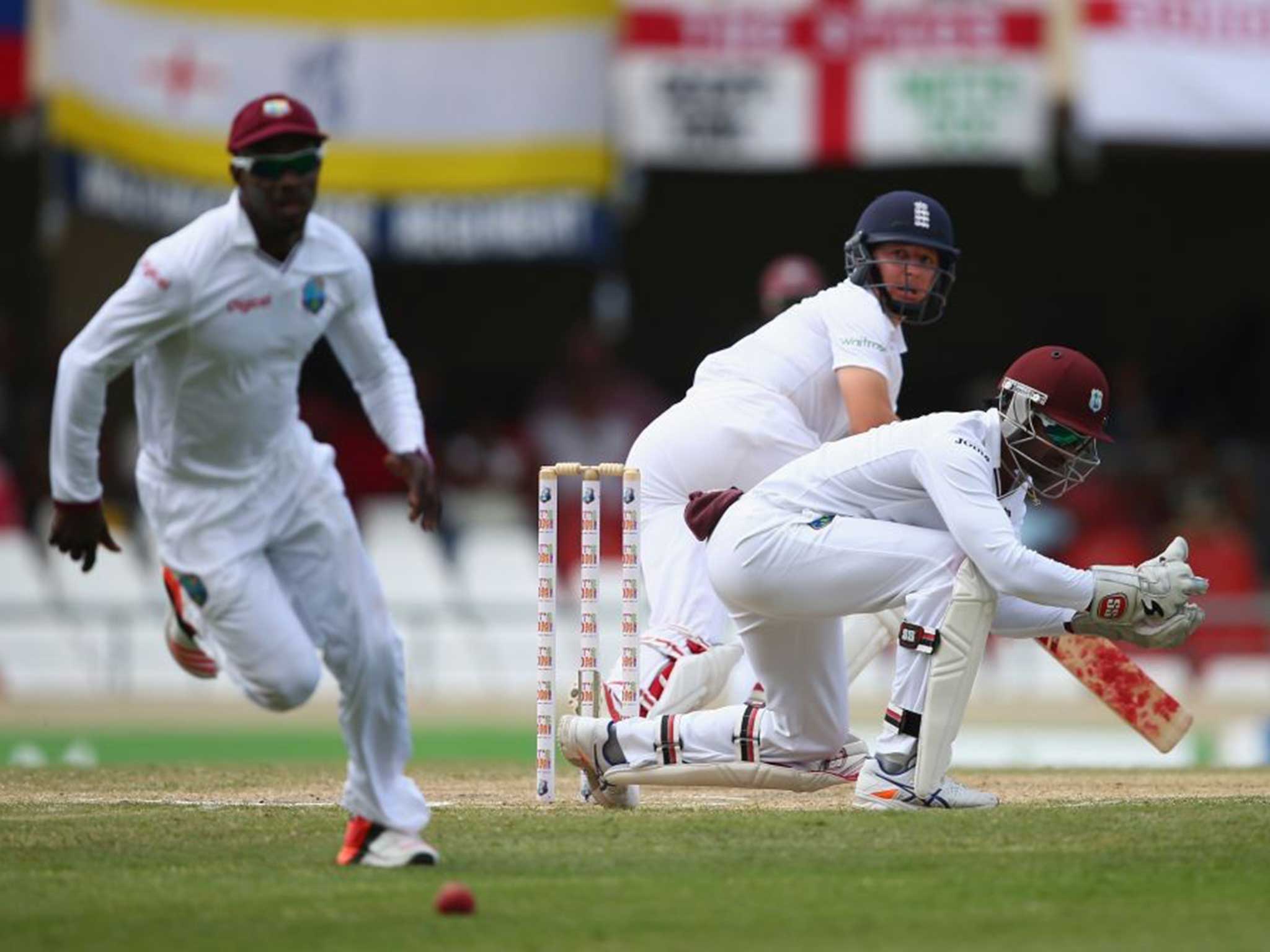 Gary Ballance (right) plays a shot to fine leg on the way to his century