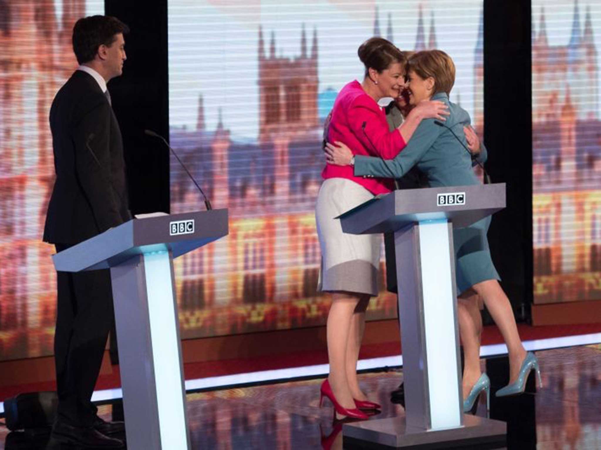 Natalie Bennett, Leanne Wood and Nicola Sturgeon embrace at the end of the debate
