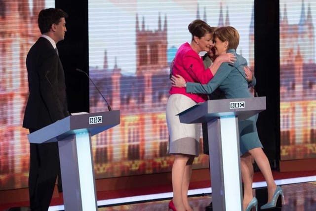Natalie Bennett, Leanne Wood and Nicola Sturgeon embrace at the end of the debate