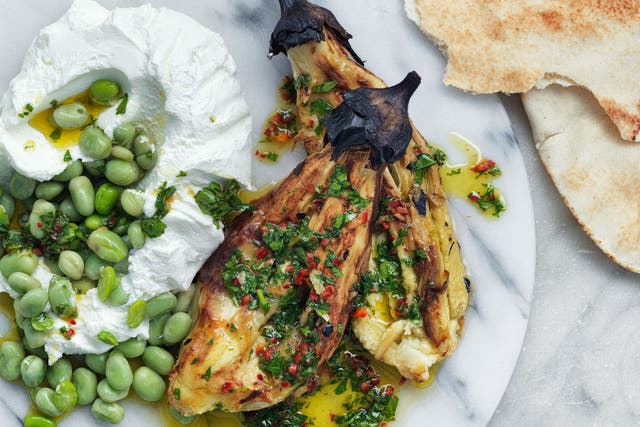 Labne with charred aubergine and broad beans