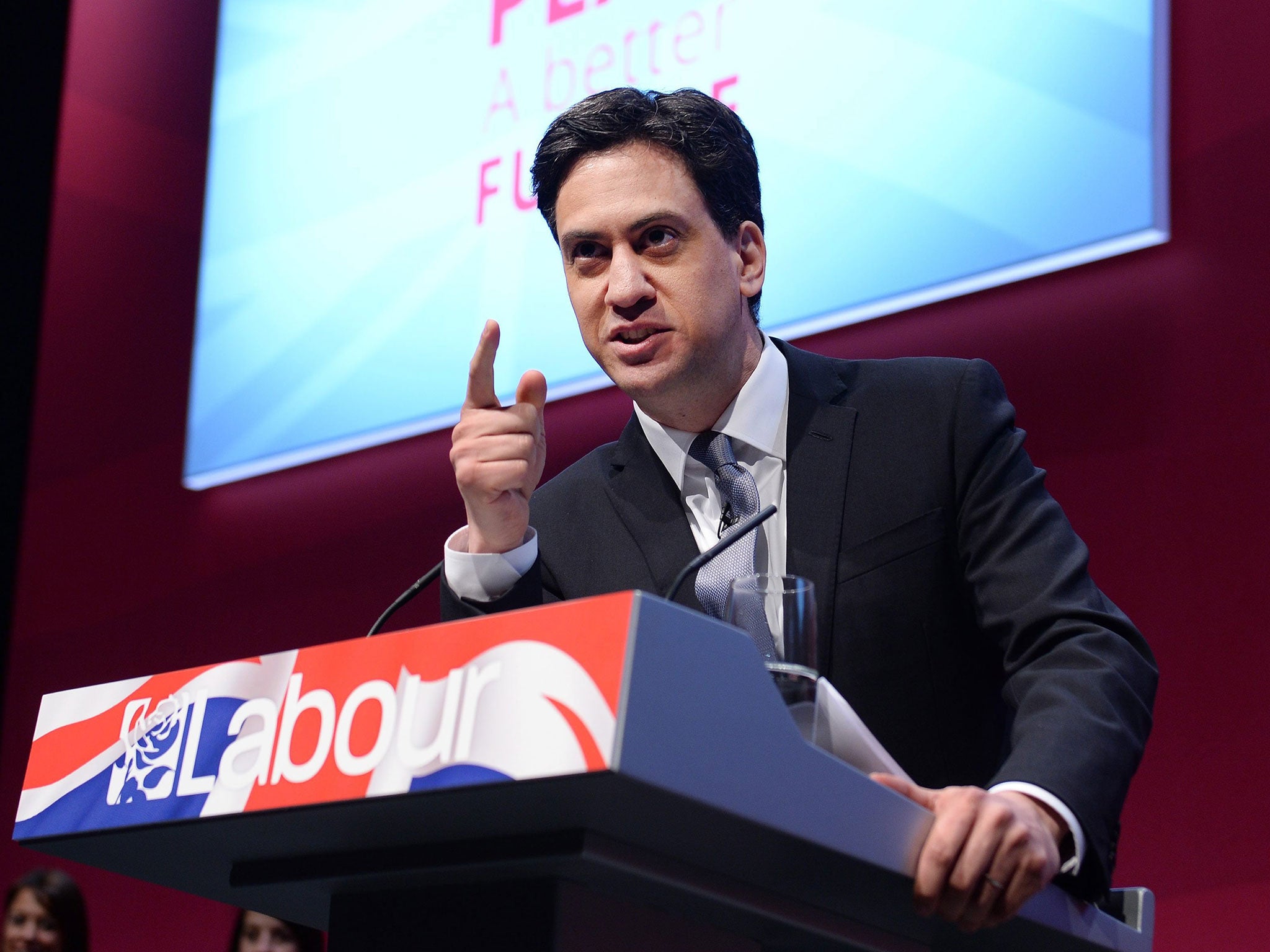 The Labour leader Ed Miliband speaking at his party's manifesto launch