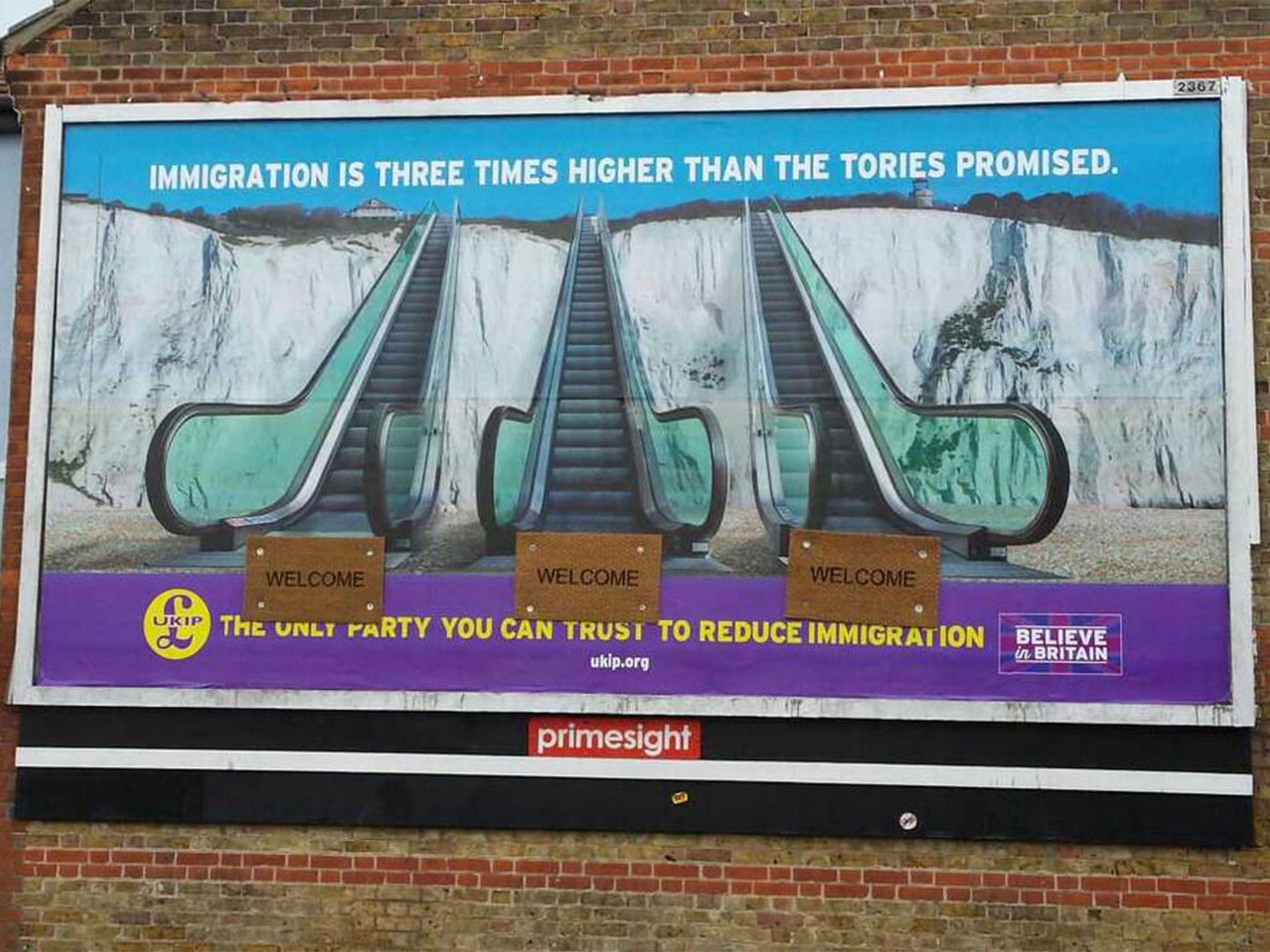 A Ukip poster in Ramsgate, Kent, has been defaced with the addition of three welcome mats