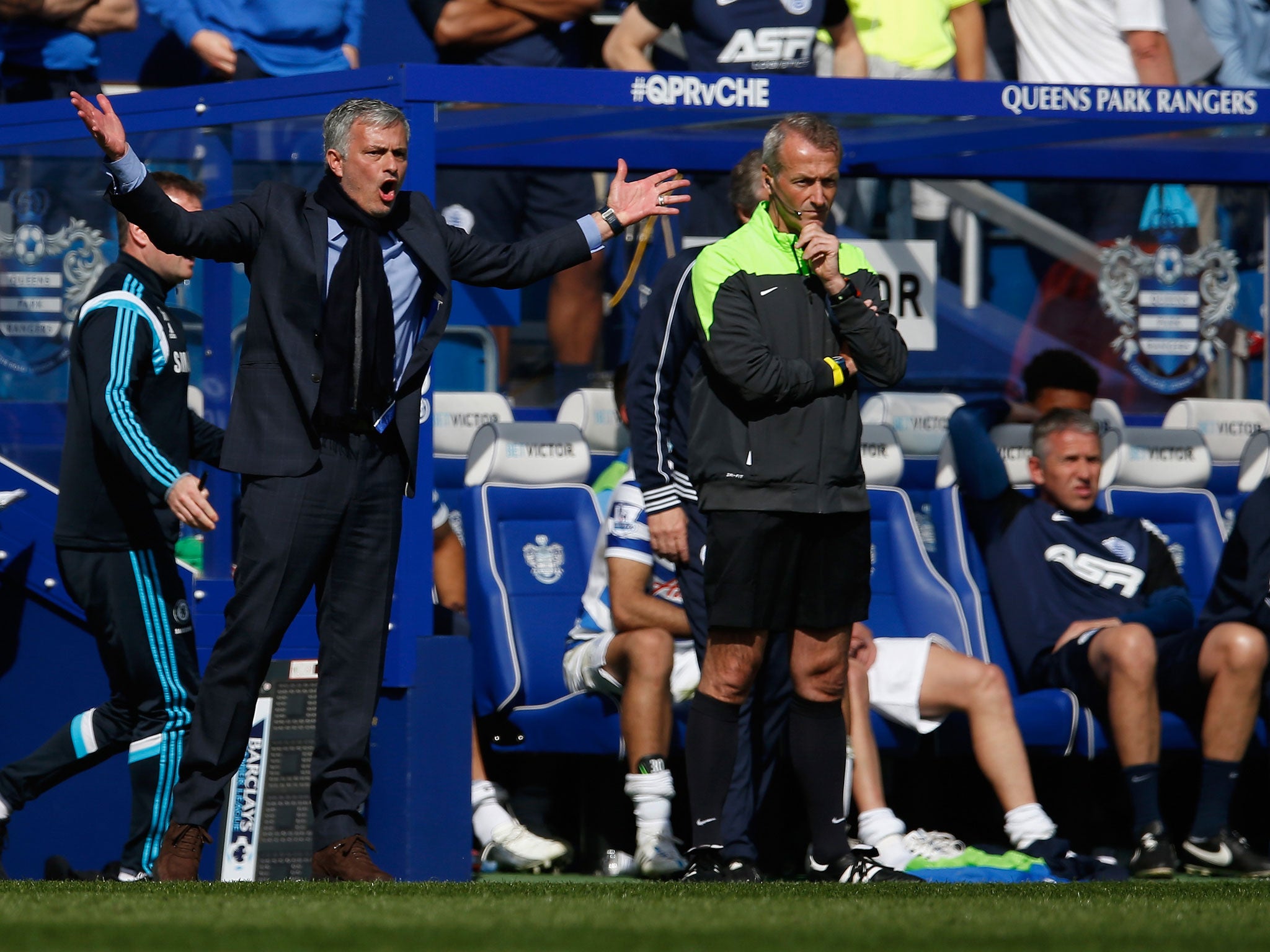 Jose Mourinho reacts during the victory over QPR