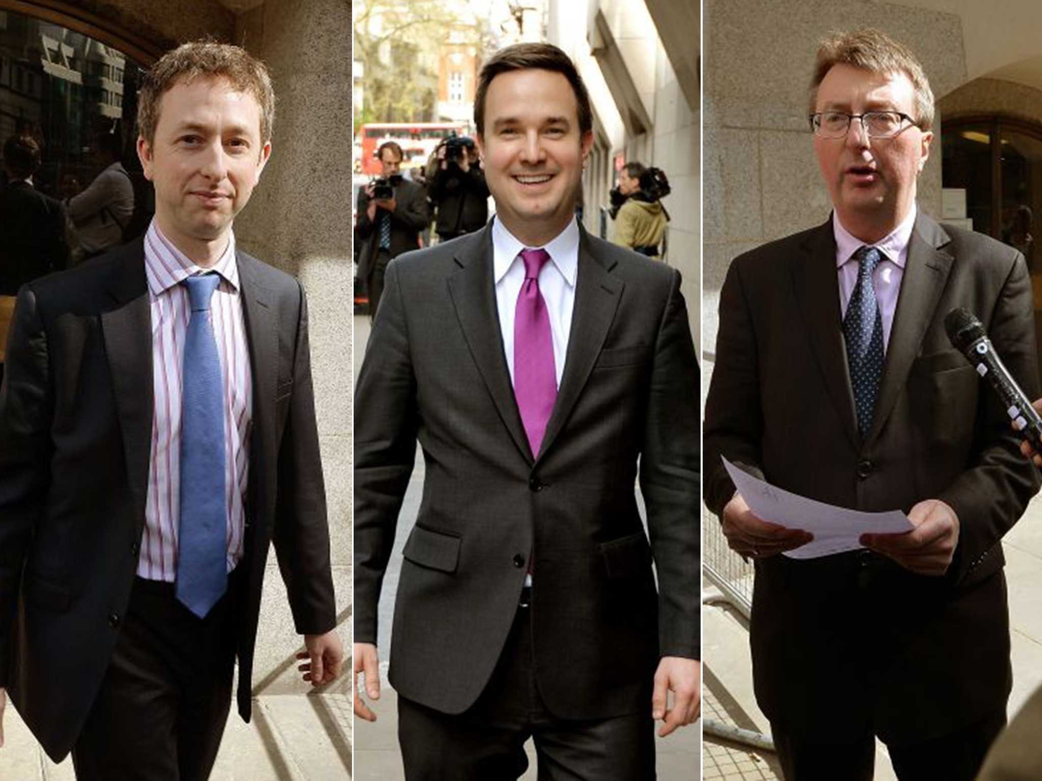 From left, the ‘Sun’ reporters Neil Millard and Tom Wells, and Graham Brough, formerly of the ‘Daily Mirror’, leaving the Old Bailey after they were cleared of charges of paying officials for stories