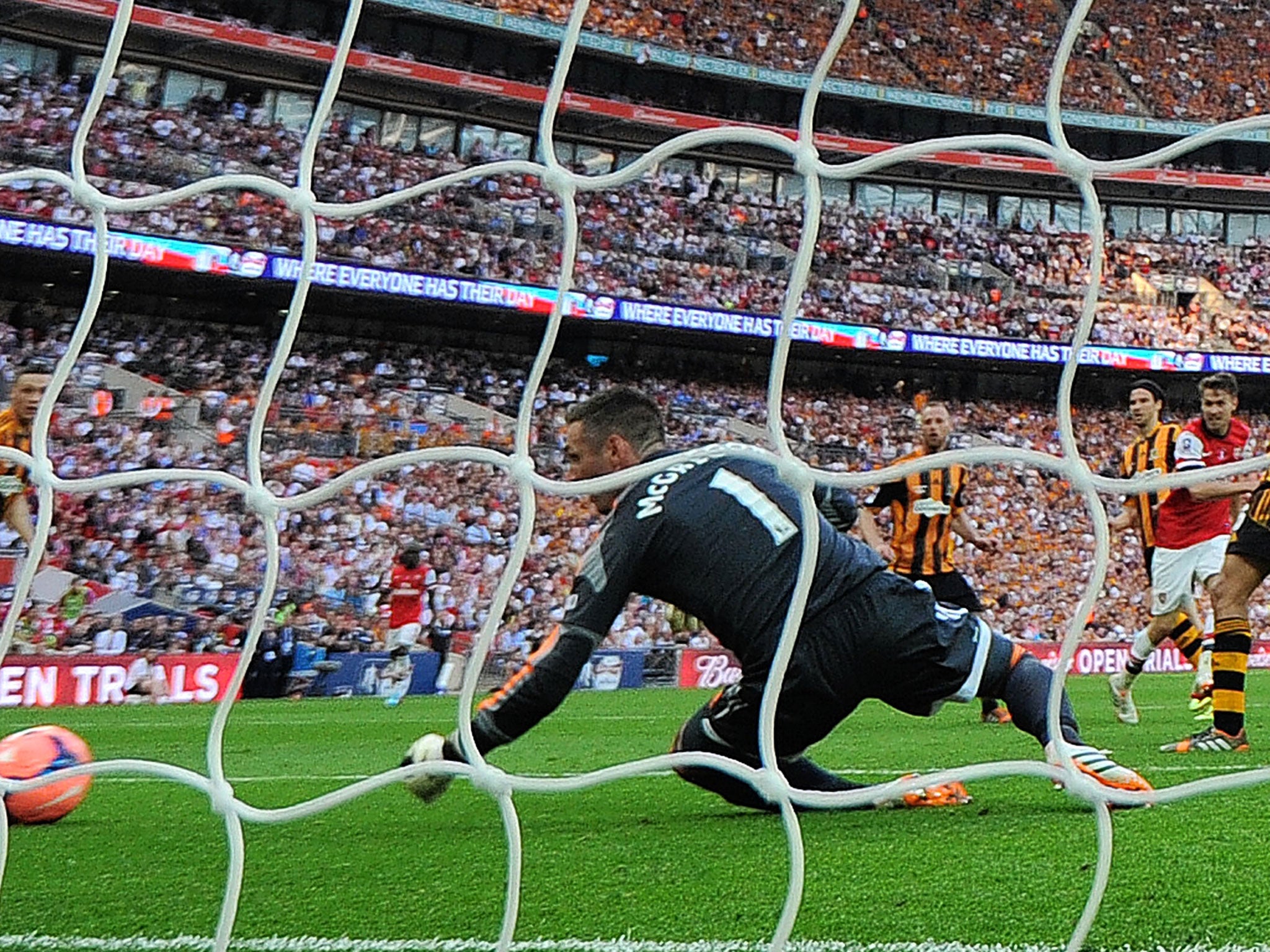 Aaron Ramsey scores Arsenal’s winner against Hull City in last season’s FA Cup final at Wembley
